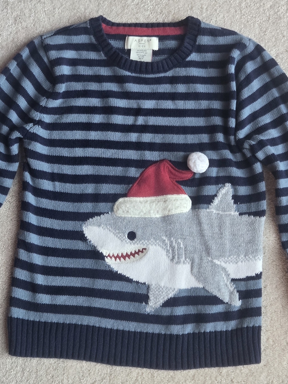 Aspen Kids Navy & Light Blue Striped Shark Sweater with Red Santa Hat